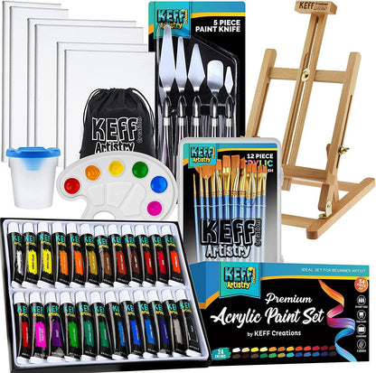 Acrylic Paint Set 54 Piece Artist Painting Supplies Kit, Art Painting, 24 Acrylic Tubes, Paintbrushes, Canvases - WoodArtSupply