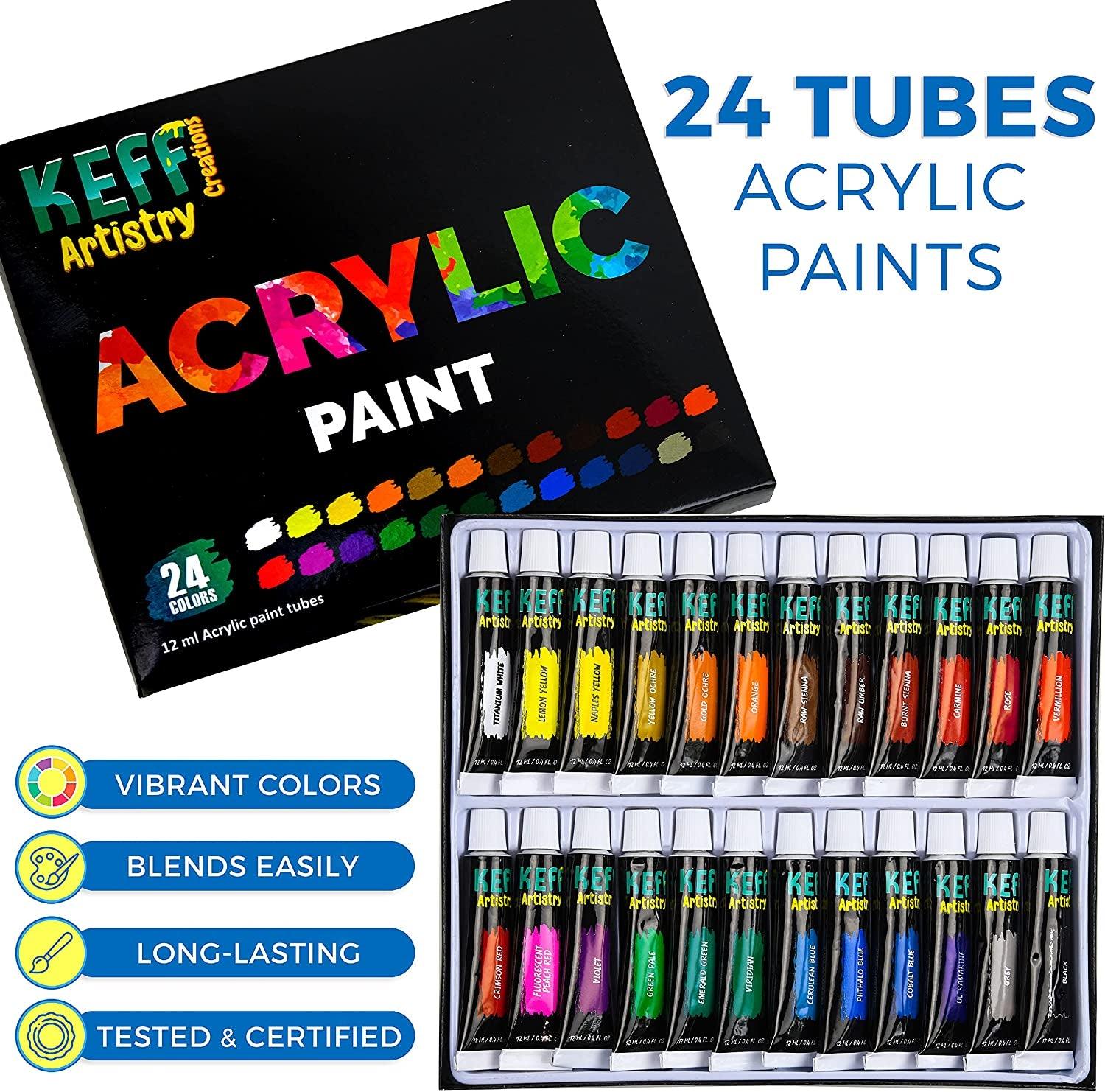 Acrylic Paint Tubes 24 Colour with 6 Brushes 12ml Art Canvas Craft Acrylic  Color