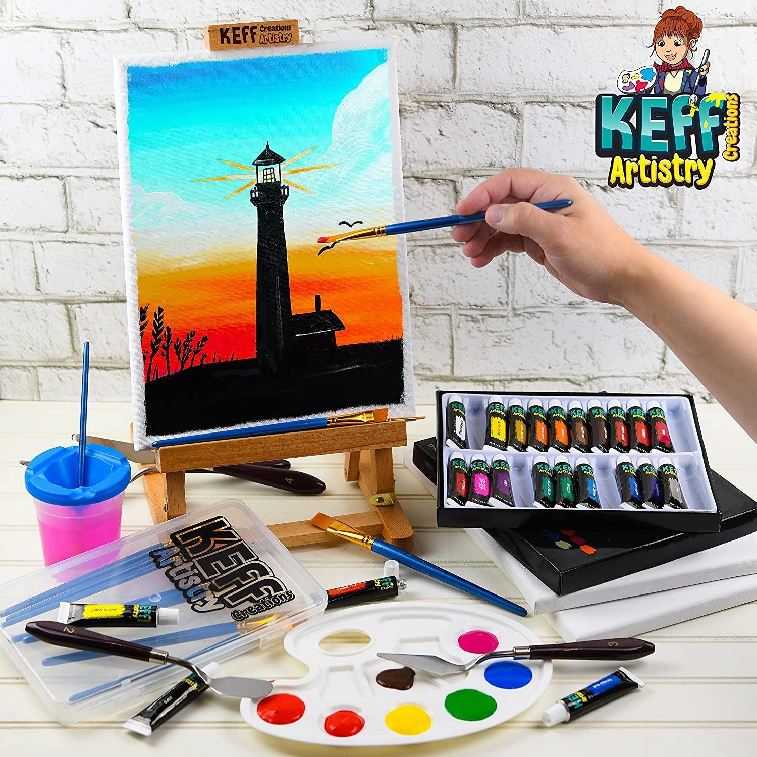 Keff Creations Acrylic Paint Set - 54 Piece Professional Artist Painting Supplies Kit, Art Painting, 24 Acrylic Paint Tubes, Paintbrushes, Canvases