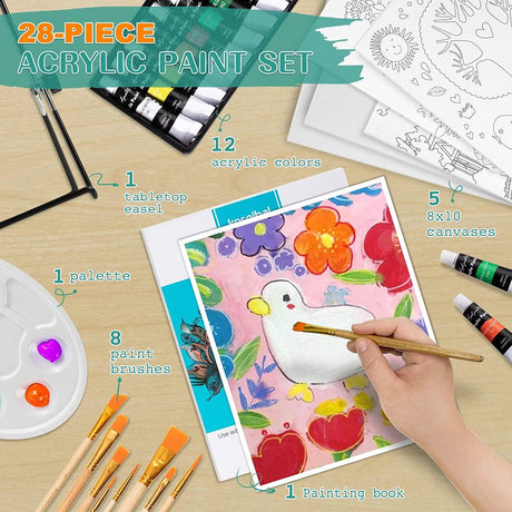Acrylic Paint Set for Kids, Art Painting Supplies Kit with 12 Paints, 5 Canvas Panels, 8 Brushes, Table Easel WoodArtSupply