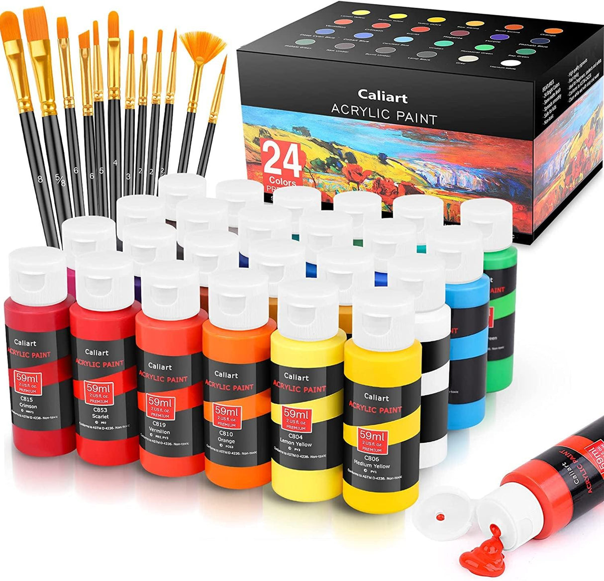 Acrylic Paint Set with 12 Brushes, 24 Colors (59Ml, 2Oz) Art Craft Paints Canvas Ceramic Wood Rock Painting Art Supplies Kit WoodArtSupply