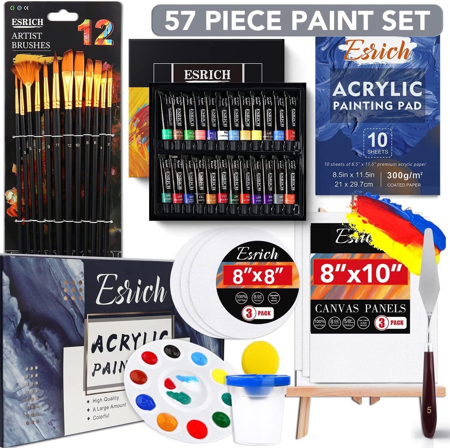 Acrylic Paint Set,57 PCS Paint Brushes, Acrylic Paint, Easel, Canvases, Painting Pads，Palette, Paint Knife, Brush Cup and Art Sponge - WoodArtSupply