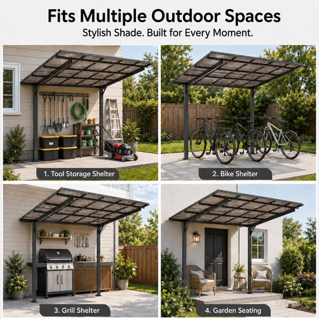 8x8FT Outdoor Carport with Galvanized Steel Frame and Sloped PC Roof HouseOfZazla