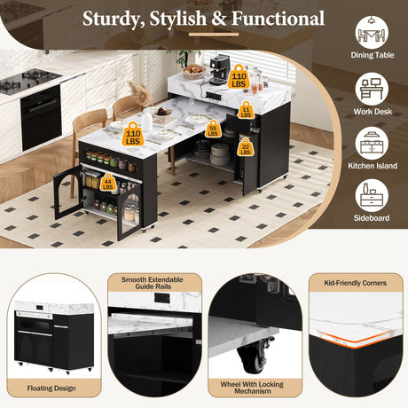 Extendable Dining Table With Folding Top, Rolling Kitchen Island With Drawers And Power Outlet HouseOfZazla
