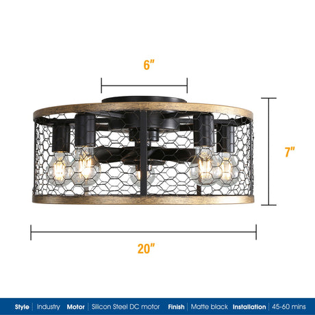 20" Industrial Caged Ceiling Fan, With 7 - ABS Blades Remote Control Reversible DC Motor, Small Flush Mount Ceiling Fan For Farmhouse - Black HouseOfZazla