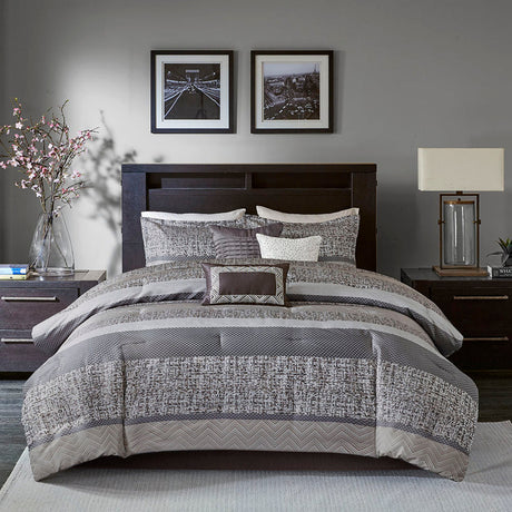 7 Piece Jacquard Comforter Set Grey/Taupe Queen HouseOfZazla