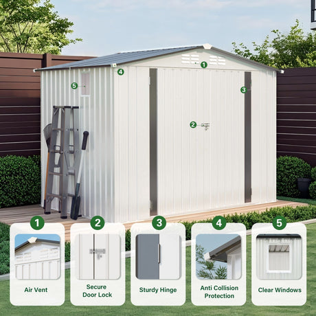 Outdoor Garden Storage Shed, Tool Shed With Pitched Roof Waterproof With 1 Window And 2 Lockable Door - White / Gray HouseOfZazla