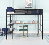 Adigyco Sturdy Metal Loft Bed with Built-in Desk, Shelves & Textilene Guardrails - Black Adigyco
