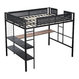 Adigyco Sturdy Metal Loft Bed with Built-in Desk, Shelves & Textilene Guardrails - Black Adigyco