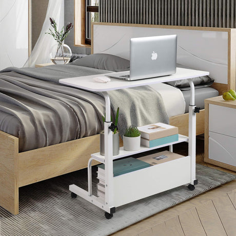 Adjustable Height Mobile Computer Desk for Small Space Rolling Writing with Wheels Corner Home Office Study Portable Bedrooms Work Desk Standing Desk Sizes 31.5X15.7 Inches White Dekhaoxe