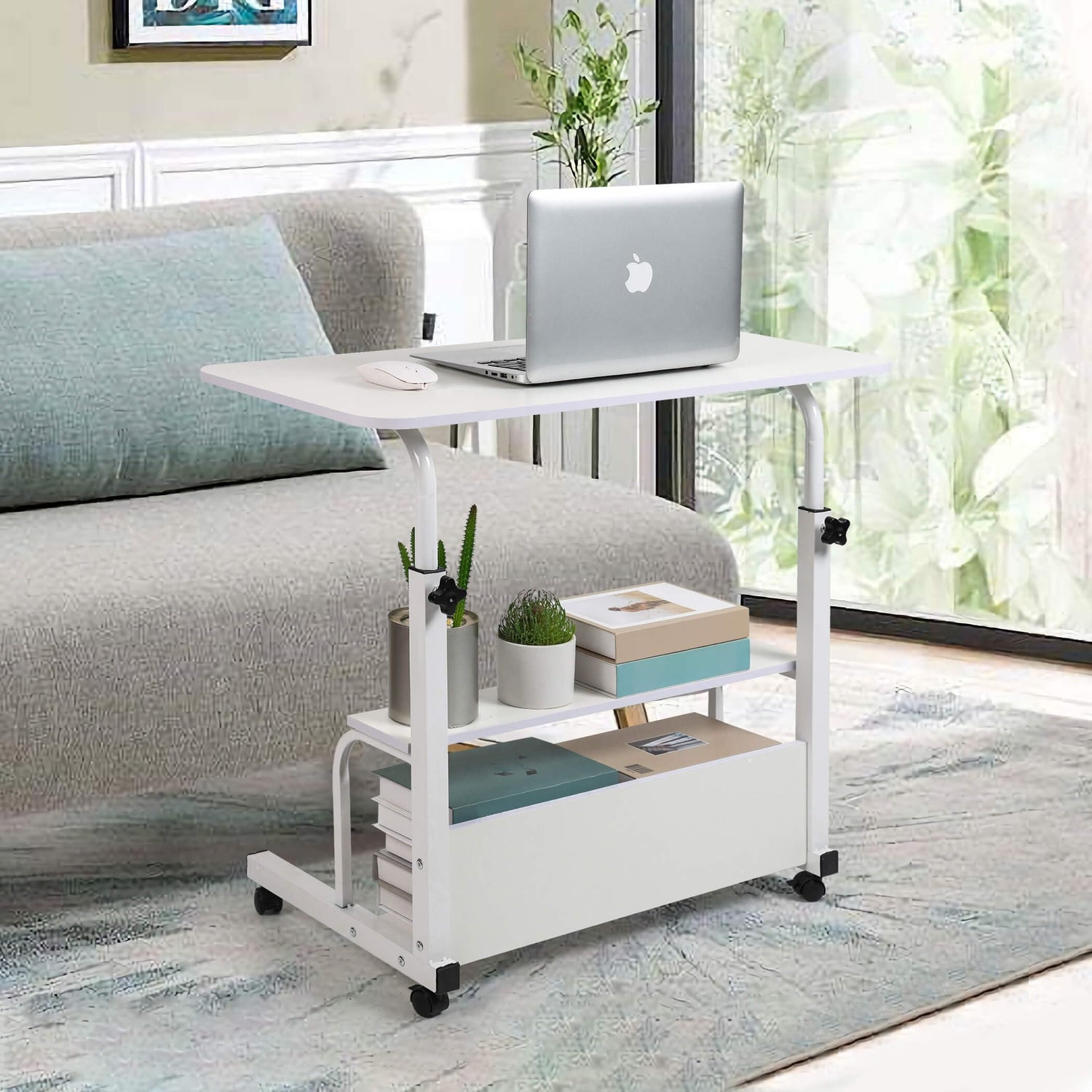 Adjustable Height Mobile Computer Desk for Small Space Rolling Writing with Wheels Corner Home Office Study Portable Bedrooms Work Desk Standing Desk Sizes 31.5X15.7 Inches White Dekhaoxe