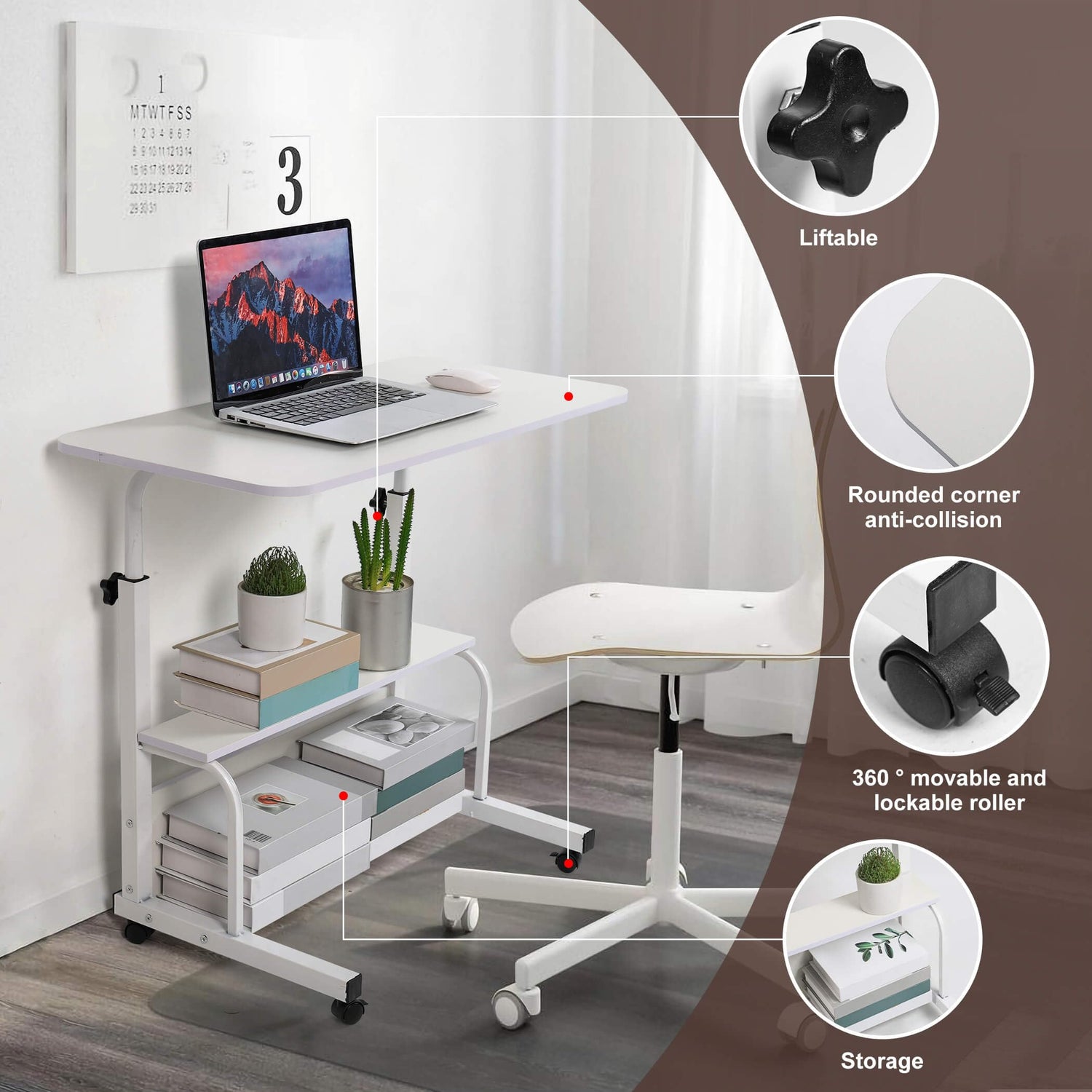 Adjustable Height Mobile Computer Desk for Small Space Rolling Writing with Wheels Corner Home Office Study Portable Bedrooms Work Desk Standing Desk Sizes 31.5X15.7 Inches White Dekhaoxe