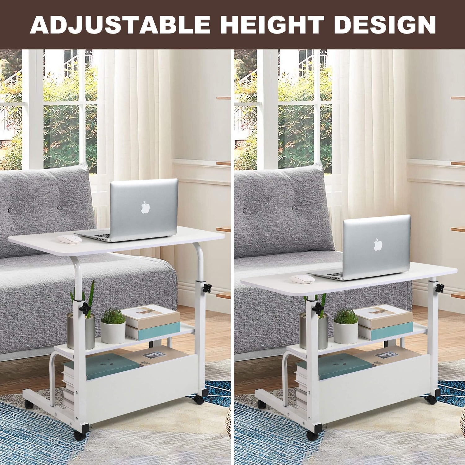 Adjustable Height Mobile Computer Desk for Small Space Rolling Writing with Wheels Corner Home Office Study Portable Bedrooms Work Desk Standing Desk Sizes 31.5X15.7 Inches White Dekhaoxe