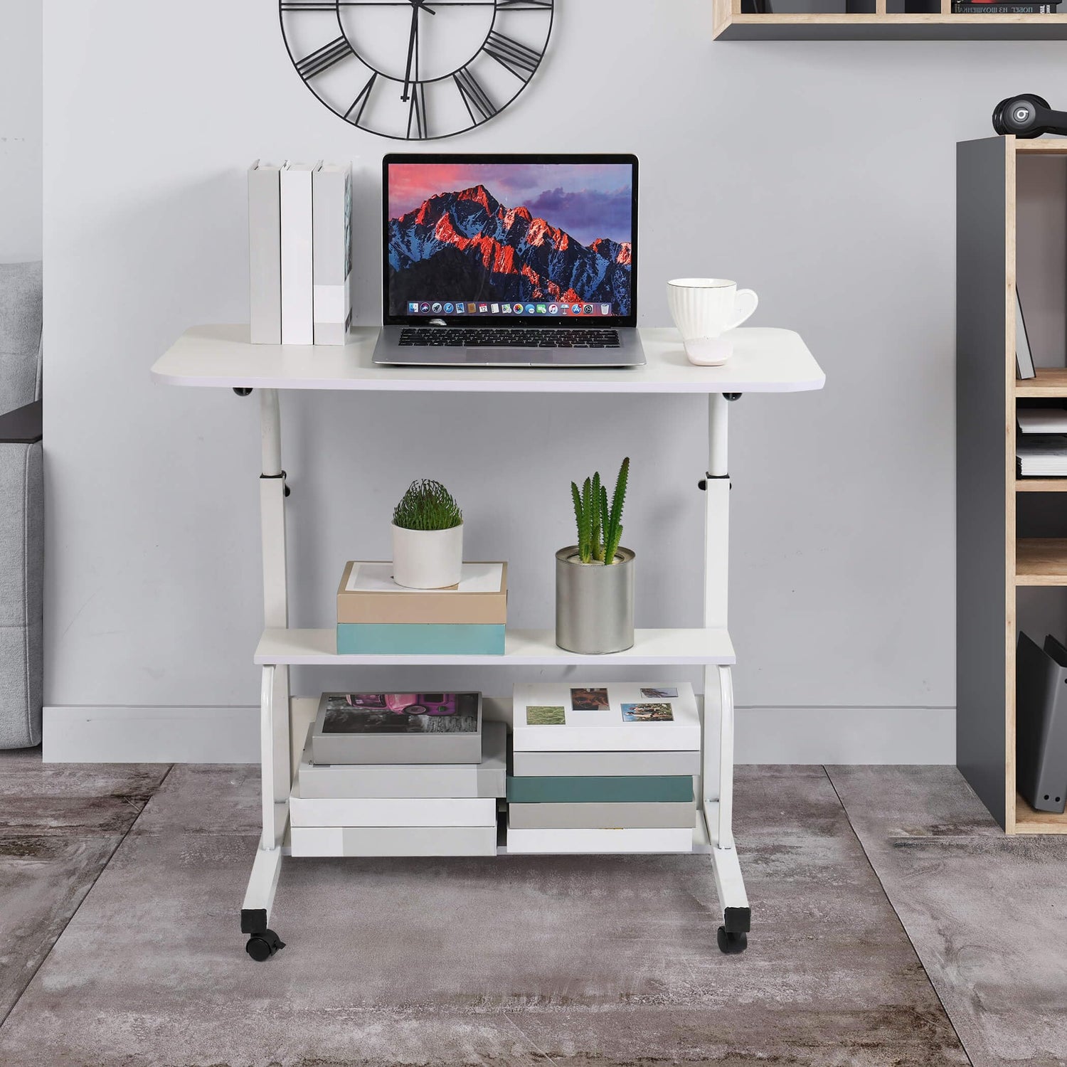 Adjustable Height Mobile Computer Desk for Small Space Rolling Writing with Wheels Corner Home Office Study Portable Bedrooms Work Desk Standing Desk Sizes 31.5X15.7 Inches White Dekhaoxe