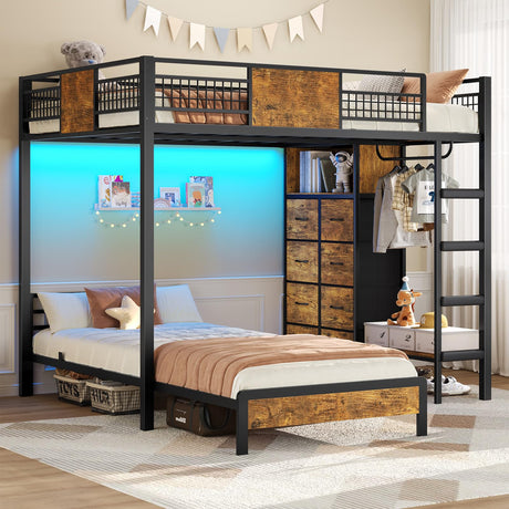 ADORNEVE Full Over Twin Bunk Bed with 8 Storage Drawers, Metal Loft Bed with Led Lights & Storage Shelves, Bunk Beds Twin over Full Size with 13.4" H Safety Guardrail & Ladder, for Kids & Teens, Black ADORNEVE