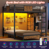 ADORNEVE Full Over Twin Bunk Bed with 8 Storage Drawers, Metal Loft Bed with Led Lights & Storage Shelves, Bunk Beds Twin over Full Size with 13.4" H Safety Guardrail & Ladder, for Kids & Teens, Black ADORNEVE