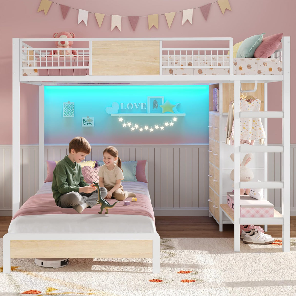 ADORNEVE Full Over Twin Bunk Bed with 8 Storage Drawers, Metal Loft Bed with Led Lights & Storage Shelves, Bunk Beds Twin over Full Size with 13.4" H Safety Guardrail & Ladder, for Kids & Teens, White ADORNEVE