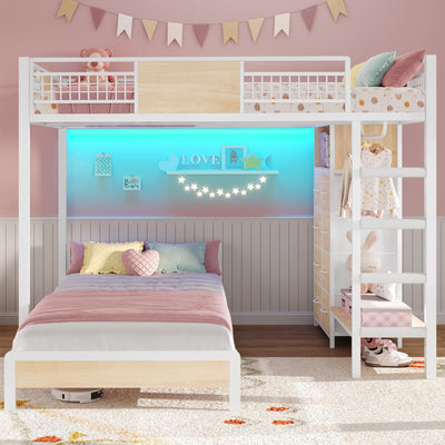 ADORNEVE Full Over Twin Bunk Bed with 8 Storage Drawers, Metal Loft Bed with Led Lights & Storage Shelves, Bunk Beds Twin over Full Size with 13.4" H Safety Guardrail & Ladder, for Kids & Teens, White