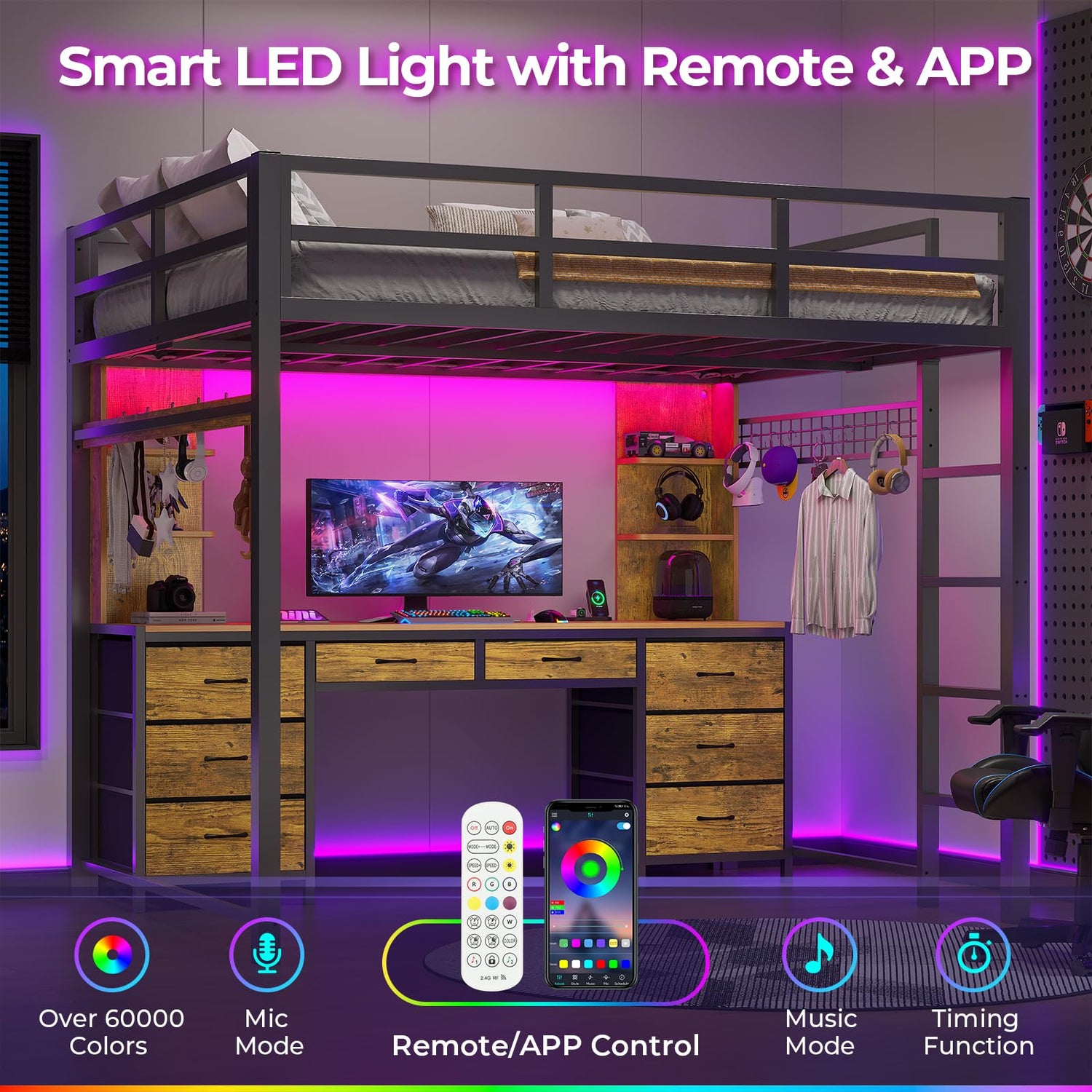 ADORNEVE Full Size Loft Bed with Desk and 8 Storage Drawers, Metal Loft Bed Full with LED Lights & Charging Sation, Heavy Duty LED Loft Beds with 6 Storage Shelves, Space-Saving, Noise Free, Black ADORNEVE