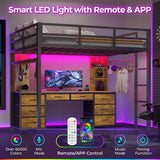 ADORNEVE Full Size Loft Bed with Desk and 8 Storage Drawers, Metal Loft Bed Full with LED Lights & Charging Sation, Heavy Duty LED Loft Beds with 6 Storage Shelves, Space-Saving, Noise Free, Black ADORNEVE