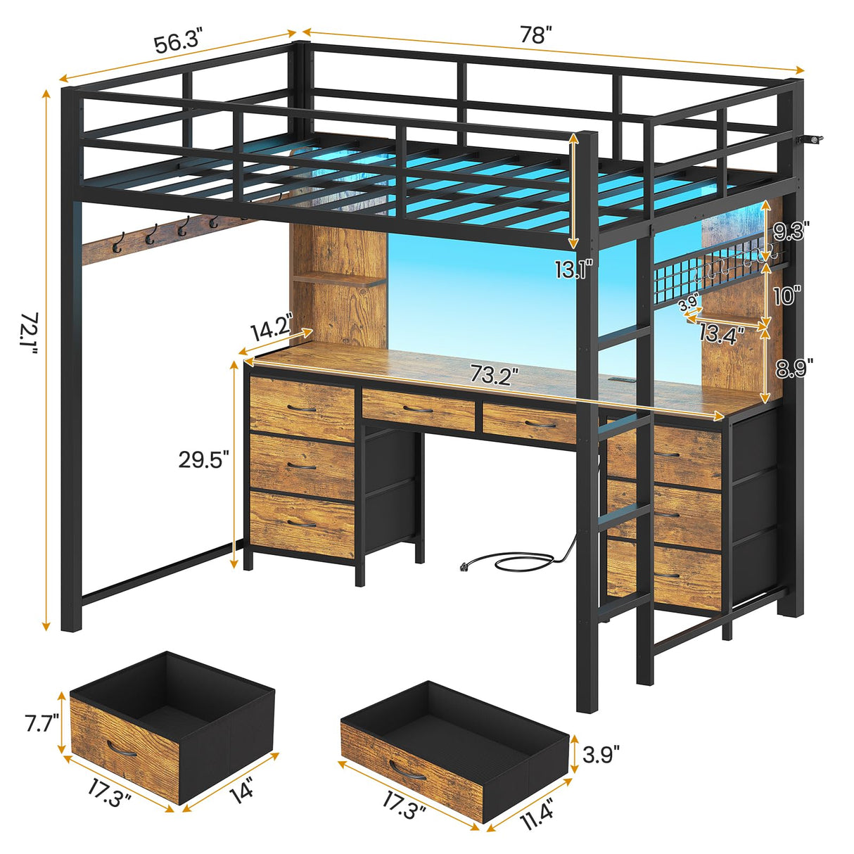 ADORNEVE Full Size Loft Bed with Desk and 8 Storage Drawers, Metal Loft Bed Full with LED Lights & Charging Sation, Heavy Duty LED Loft Beds with 6 Storage Shelves, Space-Saving, Noise Free, Black ADORNEVE