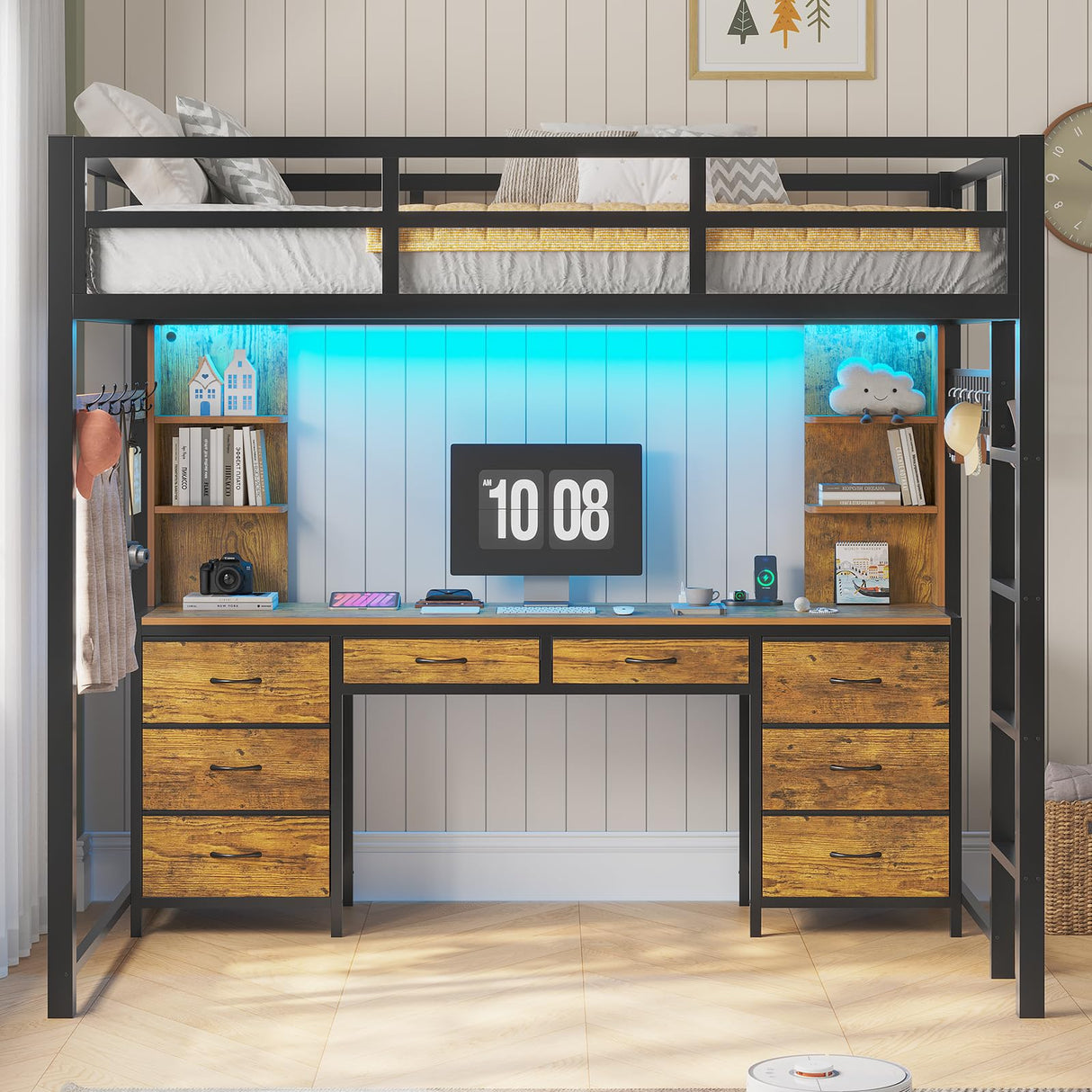ADORNEVE Full Size Loft Bed with Desk and 8 Storage Drawers, Metal Loft Bed Full with LED Lights & Charging Sation, Heavy Duty LED Loft Beds with 6 Storage Shelves, Space-Saving, Noise Free, Black ADORNEVE
