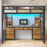 ADORNEVE Full Size Loft Bed with Desk and 8 Storage Drawers, Metal Loft Bed Full with LED Lights & Charging Sation, Heavy Duty LED Loft Beds with 6 Storage Shelves, Space-Saving, Noise Free, Black ADORNEVE