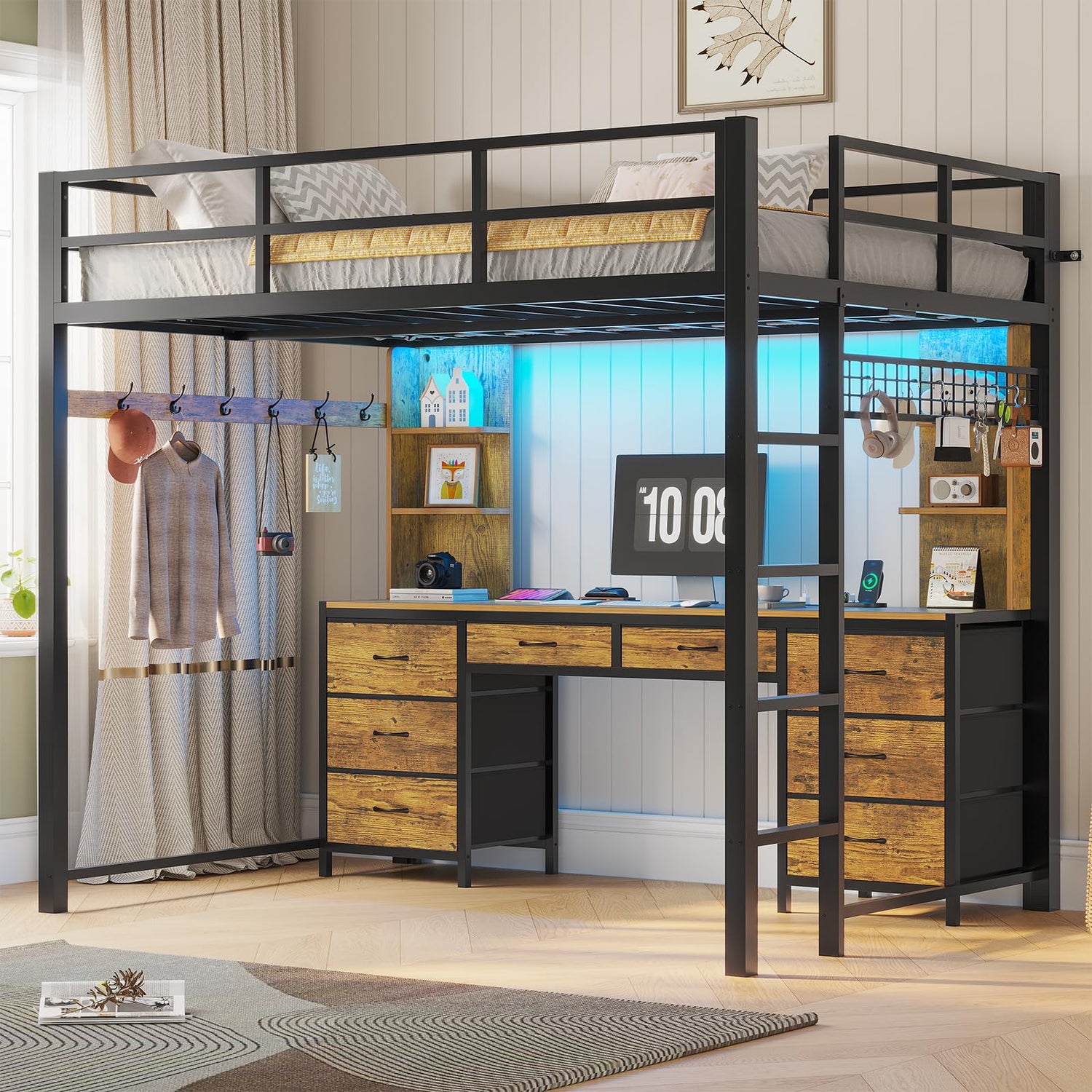 ADORNEVE Full Size Loft Bed with Desk and 8 Storage Drawers, Metal Loft Bed Full with LED Lights & Charging Sation, Heavy Duty LED Loft Beds with 6 Storage Shelves, Space-Saving, Noise Free, Black ADORNEVE