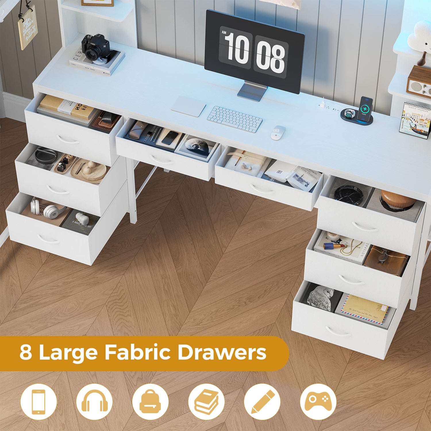 ADORNEVE Full Size Loft Bed with Desk and 8 Storage Drawers, Metal Loft Bed Full with LED Lights & Charging Sation, Heavy Duty LED Loft Beds with 6 Storage Shelves, Space-Saving, Noise Free,White ADORNEVE