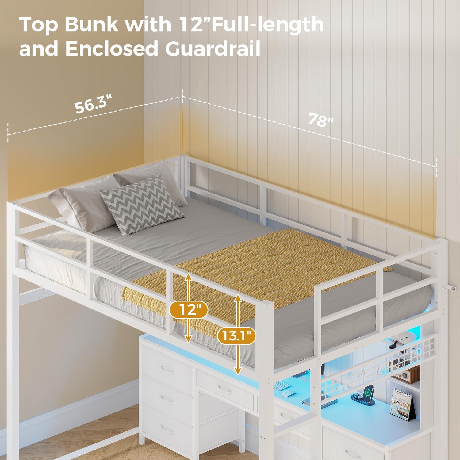 ADORNEVE Full Size Loft Bed with Desk and 8 Storage Drawers, Metal Loft Bed Full with LED Lights & Charging Sation, Heavy Duty LED Loft Beds with 6 Storage Shelves, Space-Saving, Noise Free,White ADORNEVE