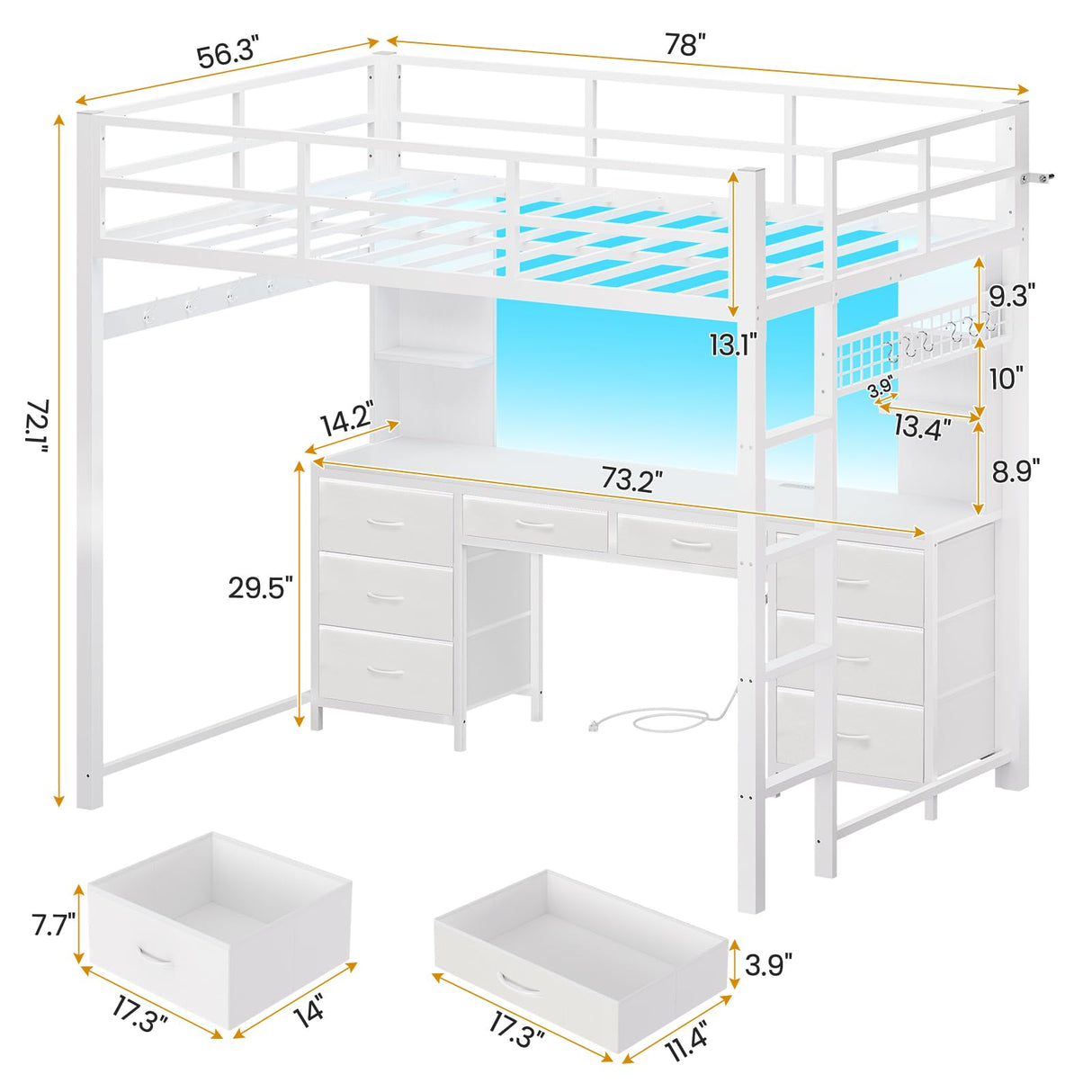 ADORNEVE Full Size Loft Bed with Desk and 8 Storage Drawers, Metal Loft Bed Full with LED Lights & Charging Sation, Heavy Duty LED Loft Beds with 6 Storage Shelves, Space-Saving, Noise Free,White ADORNEVE