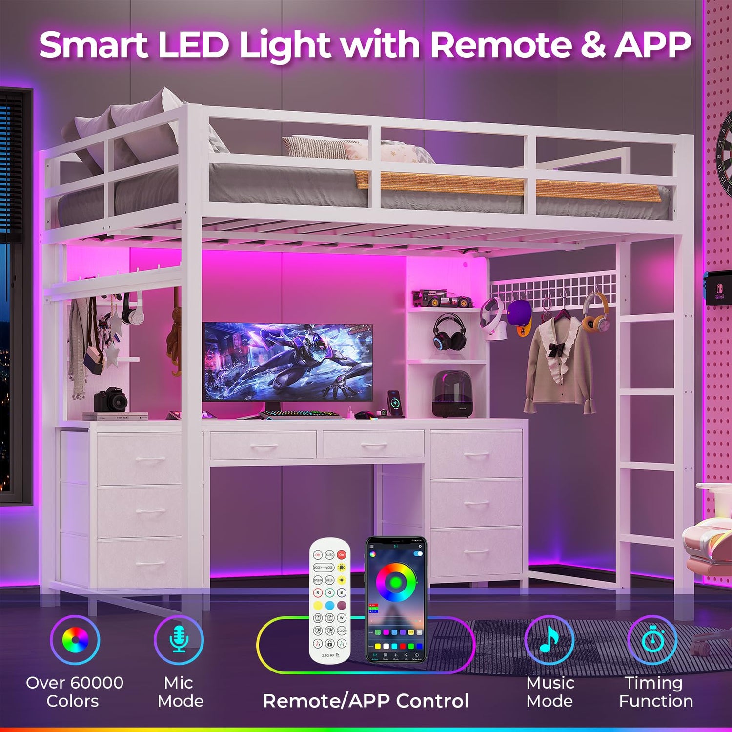 ADORNEVE Full Size Loft Bed with Desk and 8 Storage Drawers, Metal Loft Bed Full with LED Lights & Charging Sation, Heavy Duty LED Loft Beds with 6 Storage Shelves, Space-Saving, Noise Free,White ADORNEVE