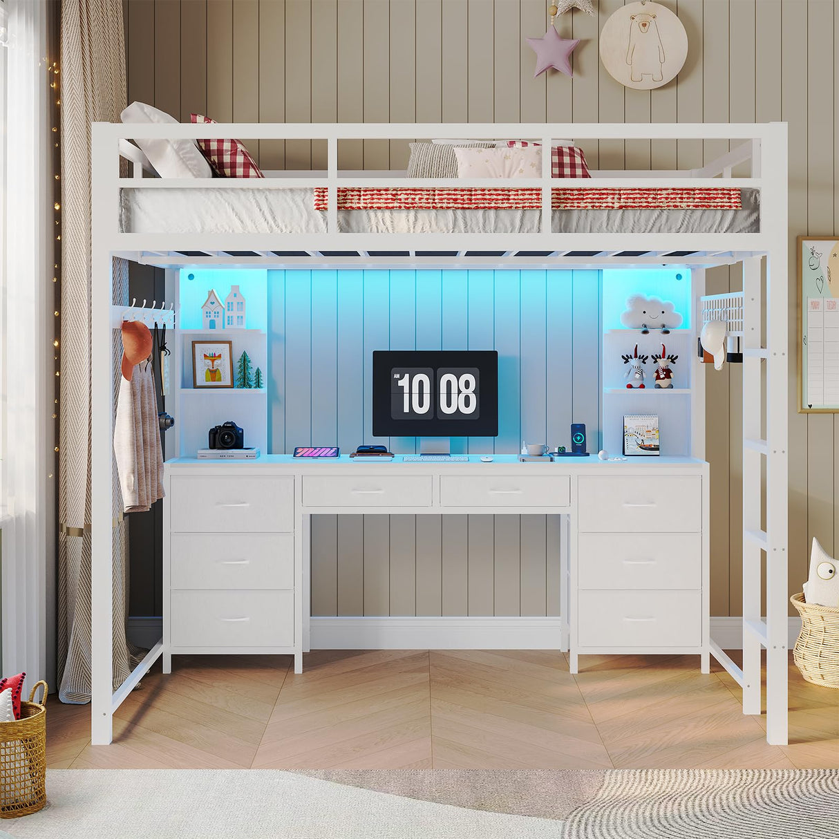 ADORNEVE Full Size Loft Bed with Desk and 8 Storage Drawers, Metal Loft Bed Full with LED Lights & Charging Sation, Heavy Duty LED Loft Beds with 6 Storage Shelves, Space-Saving, Noise Free,White ADORNEVE