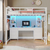 ADORNEVE Full Size Loft Bed with Desk and 8 Storage Drawers, Metal Loft Bed Full with LED Lights & Charging Sation, Heavy Duty LED Loft Beds with 6 Storage Shelves, Space-Saving, Noise Free,White ADORNEVE