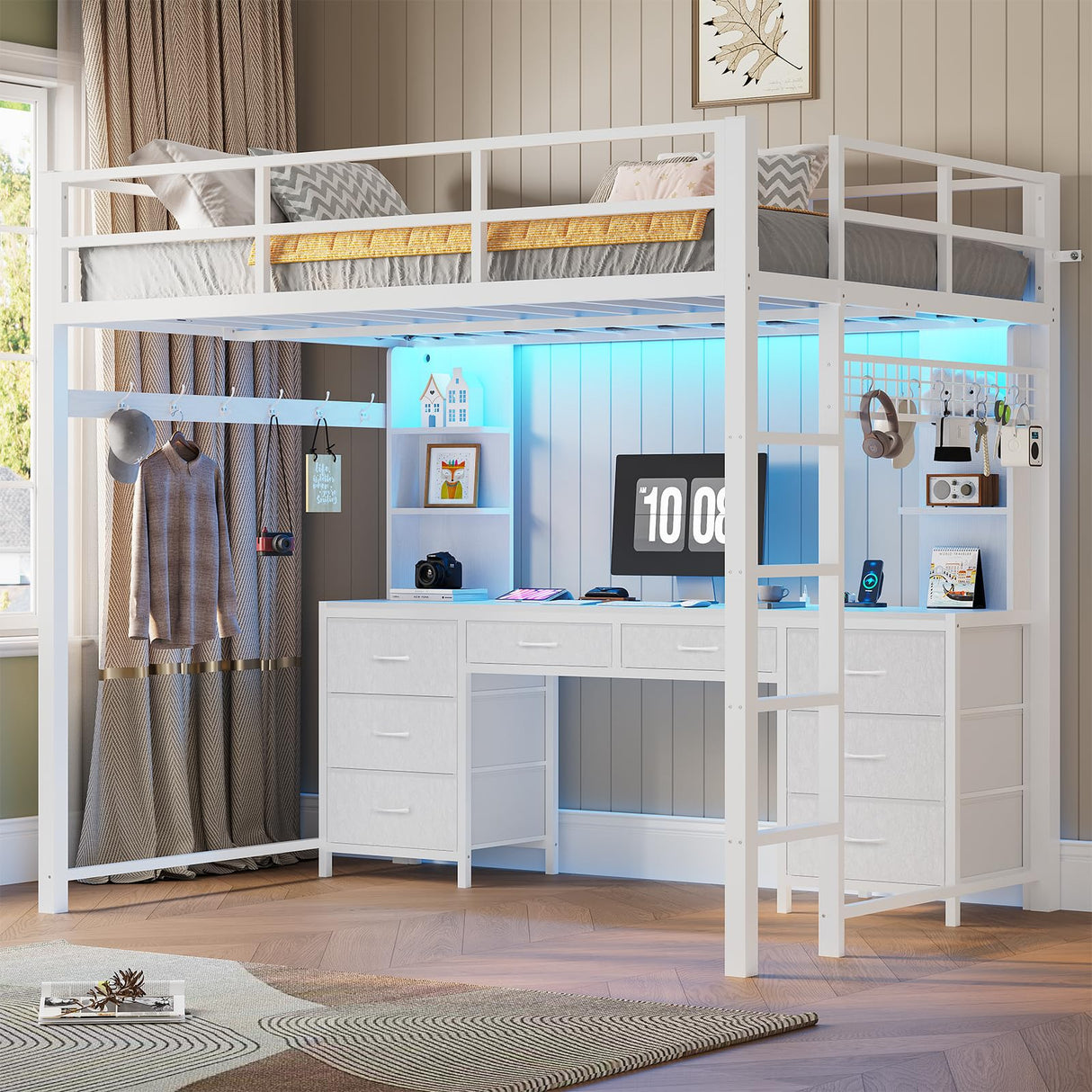 ADORNEVE Full Size Loft Bed with Desk and 8 Storage Drawers, Metal Loft Bed Full with LED Lights & Charging Sation, Heavy Duty LED Loft Beds with 6 Storage Shelves, Space-Saving, Noise Free,White ADORNEVE