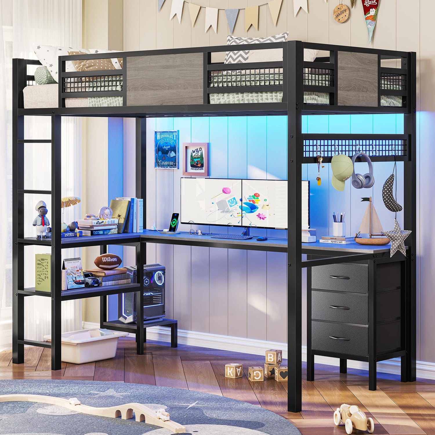 ADORNEVE Loft Bed Twin Size with L-Shaped Desk, LED Lights,Charging Station, Twin Metal Loft Bed Frame with Fabric Drawers & Shelve, 13.4" H Safety Guardrail, No Box Spring Needed, Grey ADORNEVE