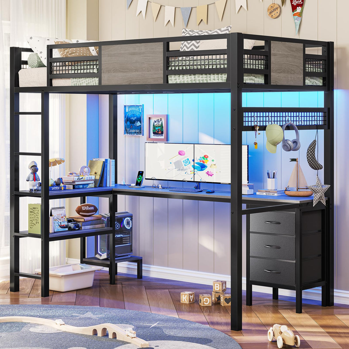 ADORNEVE Loft Bed Twin Size with L-Shaped Desk, LED Lights,Charging Station, Twin Metal Loft Bed Frame with Fabric Drawers & Shelve, 13.4" H Safety Guardrail, No Box Spring Needed, Grey ADORNEVE