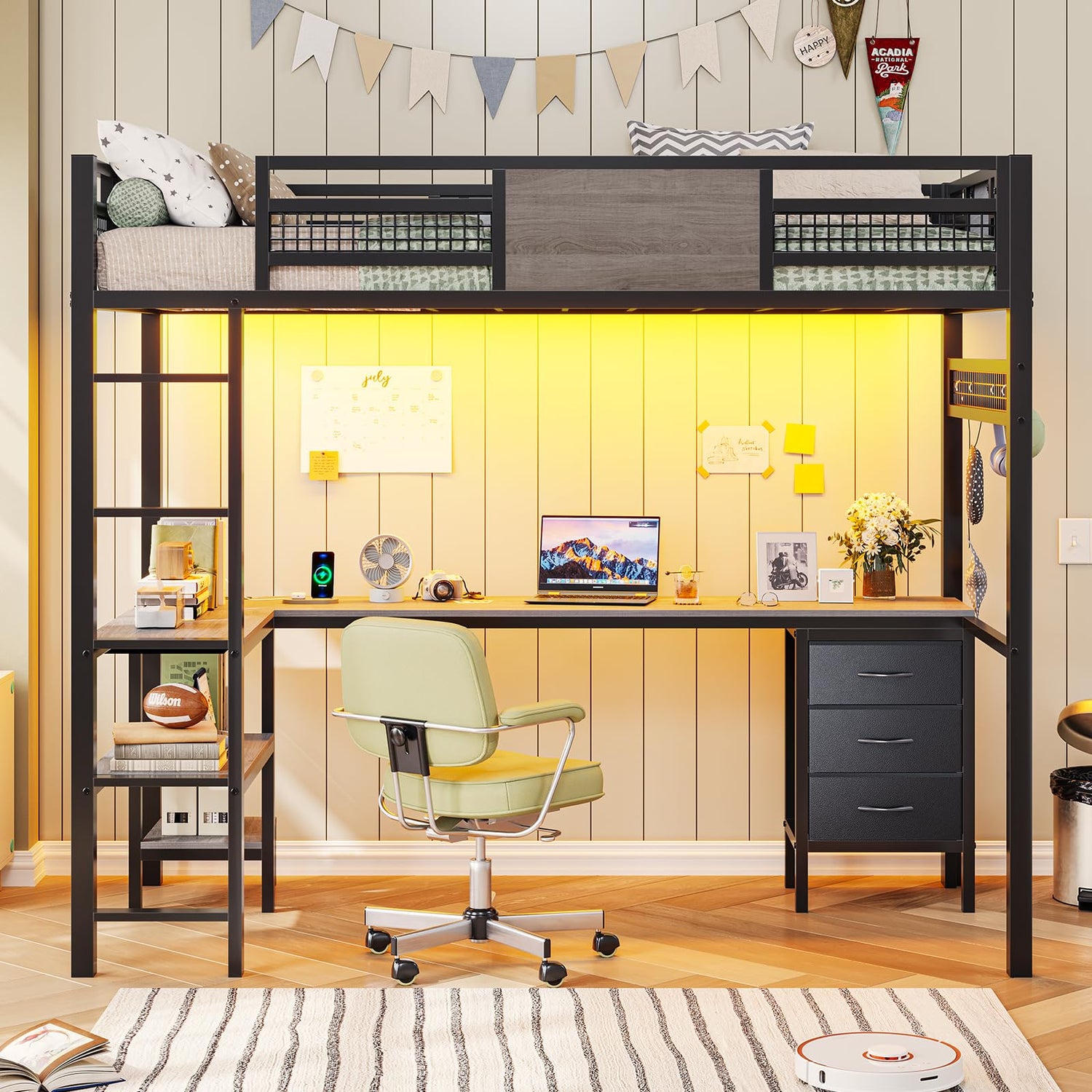 ADORNEVE Loft Bed Twin Size with L-Shaped Desk, LED Lights,Charging Station, Twin Metal Loft Bed Frame with Fabric Drawers & Shelve, 13.4" H Safety Guardrail, No Box Spring Needed, Grey ADORNEVE