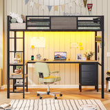 ADORNEVE Loft Bed Twin Size with L-Shaped Desk, LED Lights,Charging Station, Twin Metal Loft Bed Frame with Fabric Drawers & Shelve, 13.4" H Safety Guardrail, No Box Spring Needed, Grey ADORNEVE