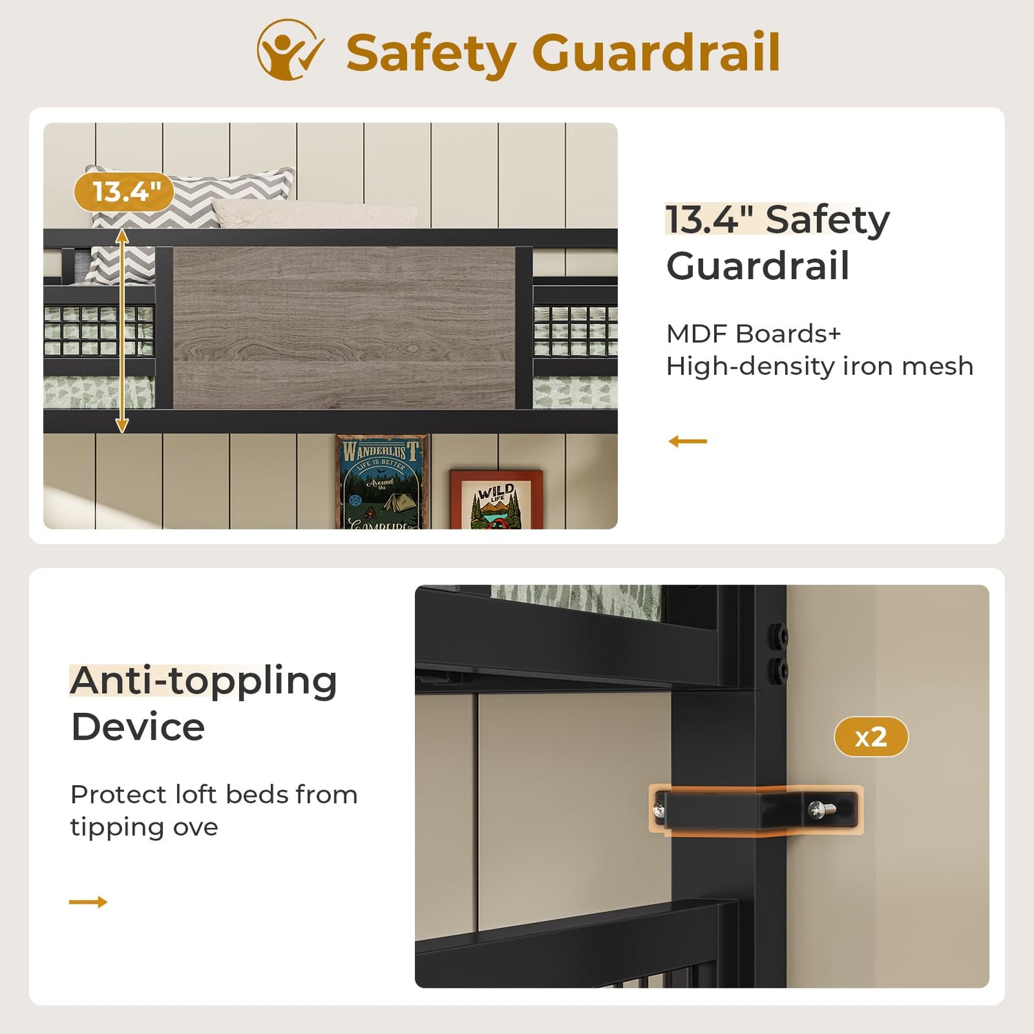 ADORNEVE Loft Bed Twin Size with L-Shaped Desk, LED Lights,Charging Station, Twin Metal Loft Bed Frame with Fabric Drawers & Shelve, 13.4" H Safety Guardrail, No Box Spring Needed, Grey ADORNEVE