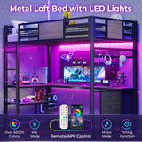 ADORNEVE Loft Bed Twin Size with L-Shaped Desk, LED Lights,Charging Station, Twin Metal Loft Bed Frame with Fabric Drawers & Shelve, 13.4" H Safety Guardrail, No Box Spring Needed, Grey ADORNEVE