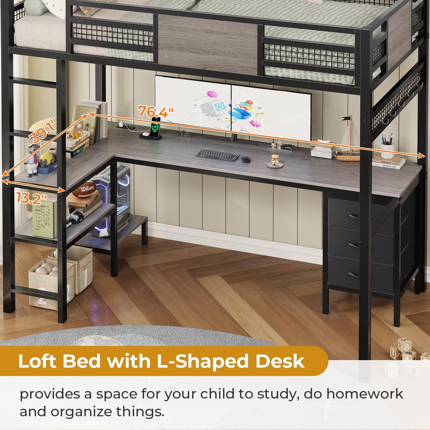 ADORNEVE Loft Bed Twin Size with L-Shaped Desk, LED Lights,Charging Station, Twin Metal Loft Bed Frame with Fabric Drawers & Shelve, 13.4" H Safety Guardrail, No Box Spring Needed, Grey ADORNEVE
