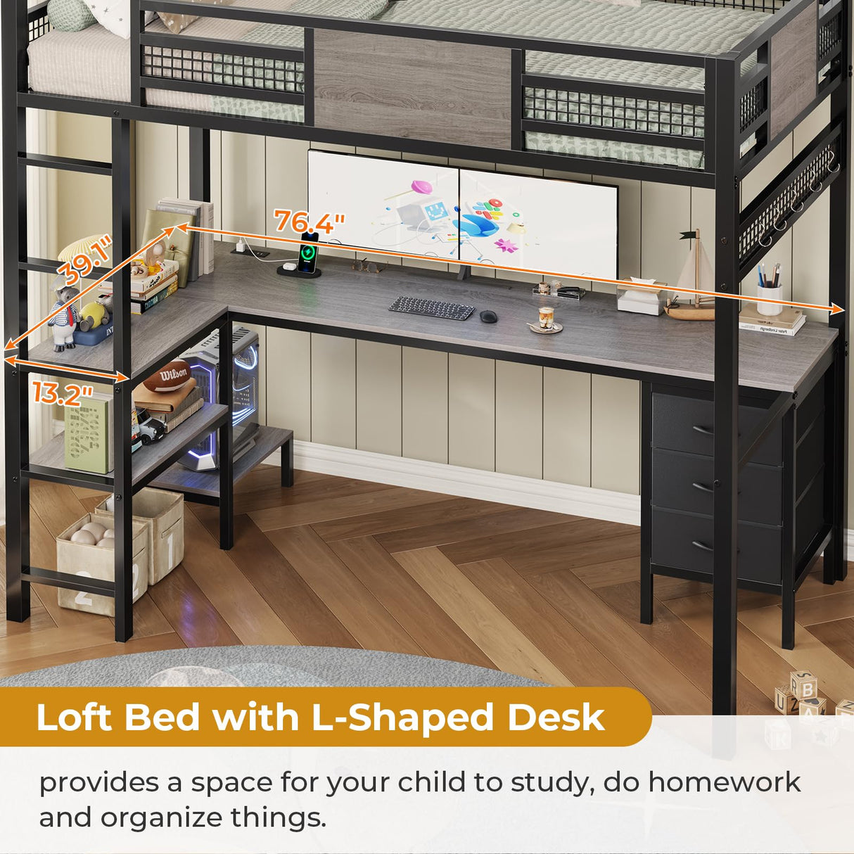 ADORNEVE Loft Bed Twin Size with L-Shaped Desk, LED Lights,Charging Station, Twin Metal Loft Bed Frame with Fabric Drawers & Shelve, 13.4" H Safety Guardrail, No Box Spring Needed, Grey ADORNEVE