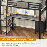 ADORNEVE Loft Bed Twin Size with L-Shaped Desk, LED Lights,Charging Station, Twin Metal Loft Bed Frame with Fabric Drawers & Shelve, 13.4" H Safety Guardrail, No Box Spring Needed, Grey ADORNEVE