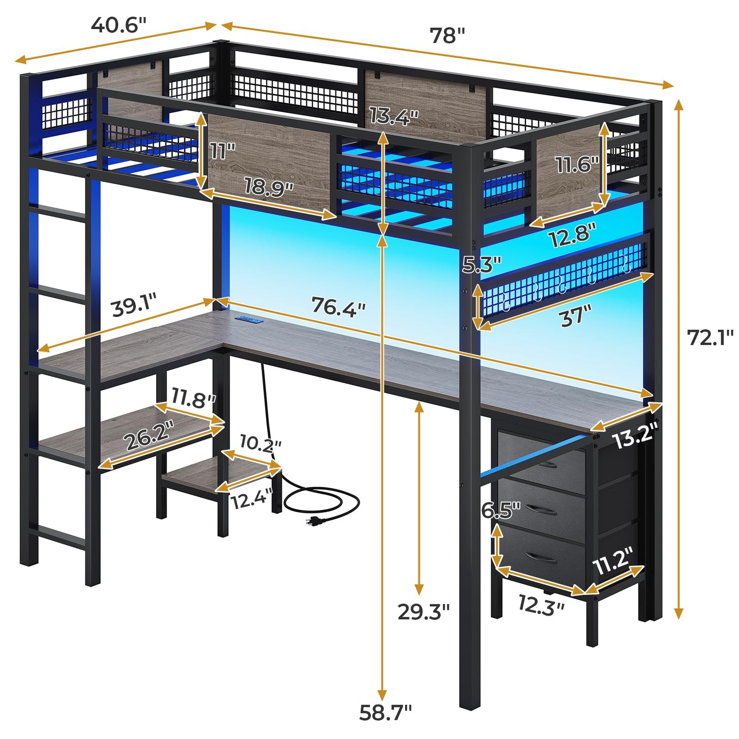 ADORNEVE Loft Bed Twin Size with L-Shaped Desk, LED Lights,Charging Station, Twin Metal Loft Bed Frame with Fabric Drawers & Shelve, 13.4" H Safety Guardrail, No Box Spring Needed, Grey ADORNEVE