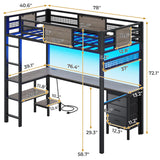 ADORNEVE Loft Bed Twin Size with L-Shaped Desk, LED Lights,Charging Station, Twin Metal Loft Bed Frame with Fabric Drawers & Shelve, 13.4" H Safety Guardrail, No Box Spring Needed, Grey ADORNEVE