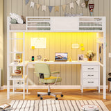ADORNEVE Loft Bed Twin Size with L-Shaped Desk, LED Lights,Charging Station, Twin Metal Loft Bed Frame with Fabric Drawers & Shelve, 13.4" H Safety Guardrail, No Box Spring Needed, White ADORNEVE