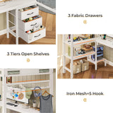 ADORNEVE Loft Bed Twin Size with L-Shaped Desk, LED Lights,Charging Station, Twin Metal Loft Bed Frame with Fabric Drawers & Shelve, 13.4" H Safety Guardrail, No Box Spring Needed, White ADORNEVE