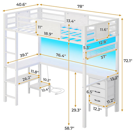 ADORNEVE Loft Bed Twin Size with L-Shaped Desk, LED Lights,Charging Station, Twin Metal Loft Bed Frame with Fabric Drawers & Shelve, 13.4" H Safety Guardrail, No Box Spring Needed, White ADORNEVE