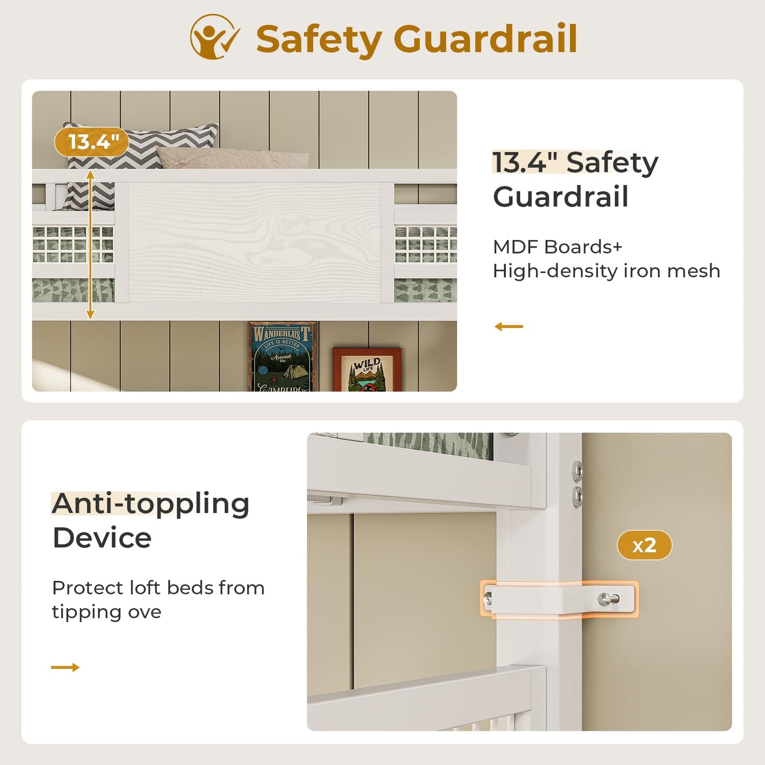 ADORNEVE Loft Bed Twin Size with L-Shaped Desk, LED Lights,Charging Station, Twin Metal Loft Bed Frame with Fabric Drawers & Shelve, 13.4" H Safety Guardrail, No Box Spring Needed, White ADORNEVE